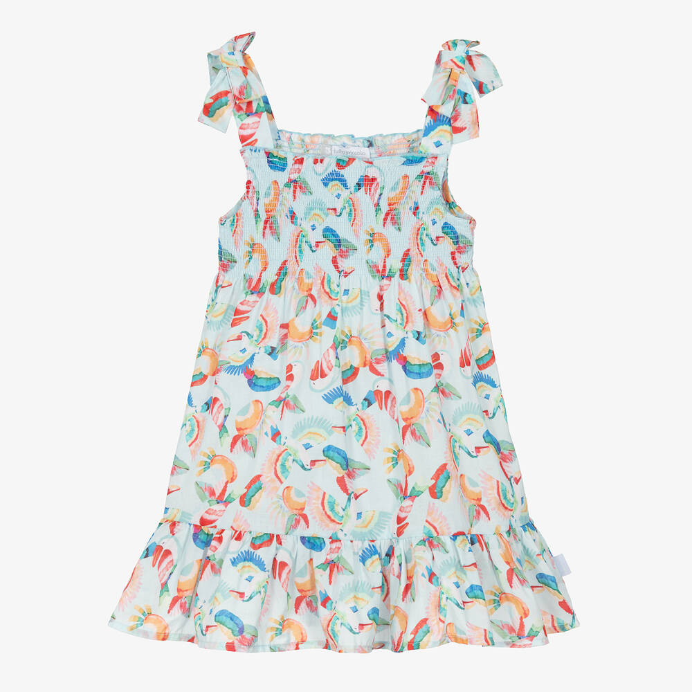 Tutto Piccolo - Girls Blue Tropical Shirred Cotton Dress | Childrensalon