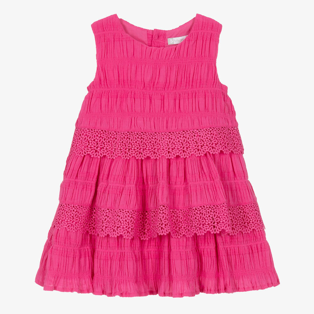 Tutto Piccolo - فستان قطن مطرز لون زهري فيوشيا مزين بكشكش | Childrensalon