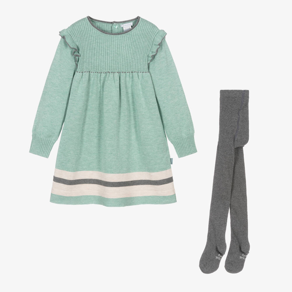 Tutto Piccolo - Girls Green Stripe Knitted Dress Set | Childrensalon