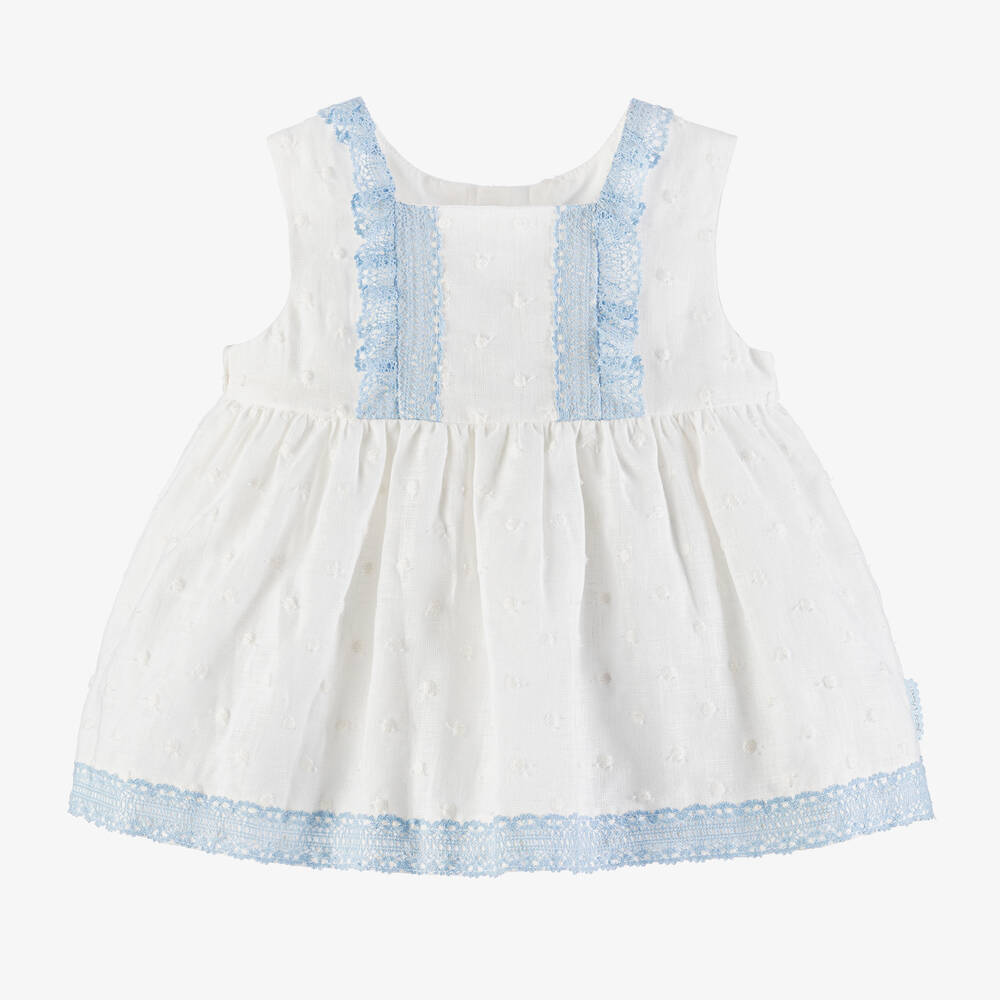 Tutto Piccolo - Girls Ivory Linen Lace Trim Dress | Childrensalon