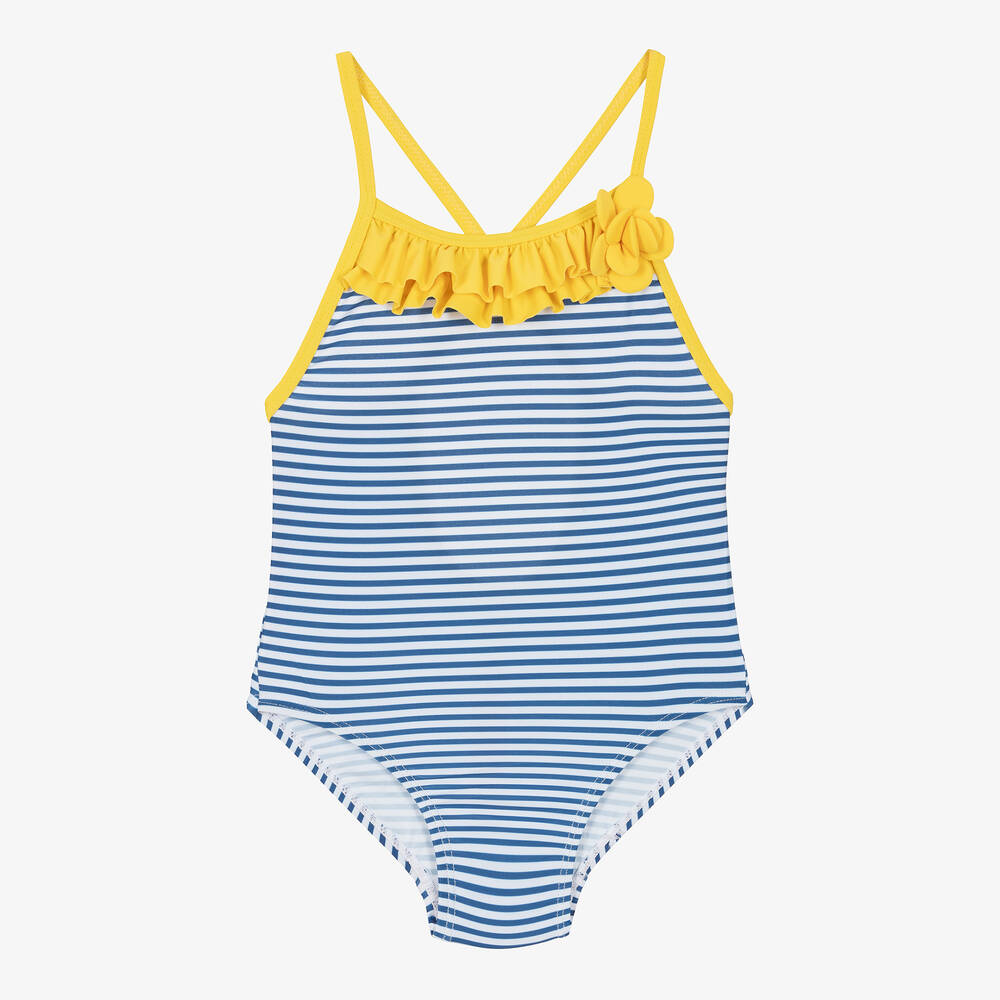 Tutto Piccolo - Girls Navy Blue & White Striped Swimsuit | Childrensalon