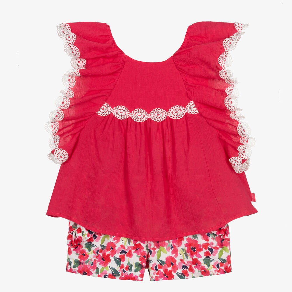 Tutto Piccolo - Girls Pink Cotton Floral Shorts Set | Childrensalon