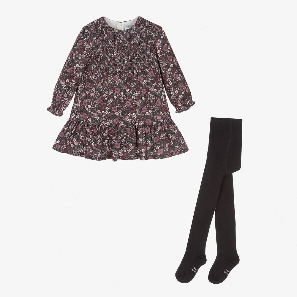 Tutto Piccolo - Girls Purple Floral Dress & Tights Set | Childrensalon