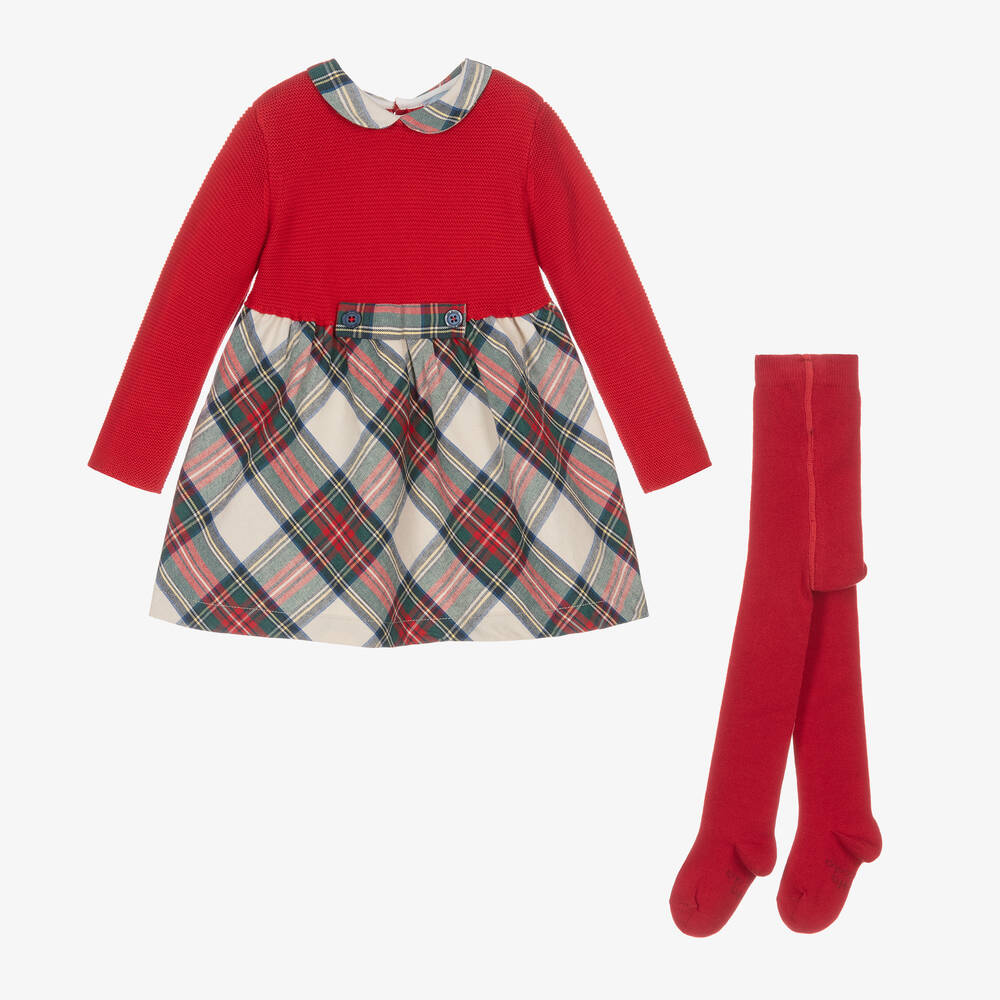 Tutto Piccolo - Girls Red Knit Tartan Dress Set | Childrensalon