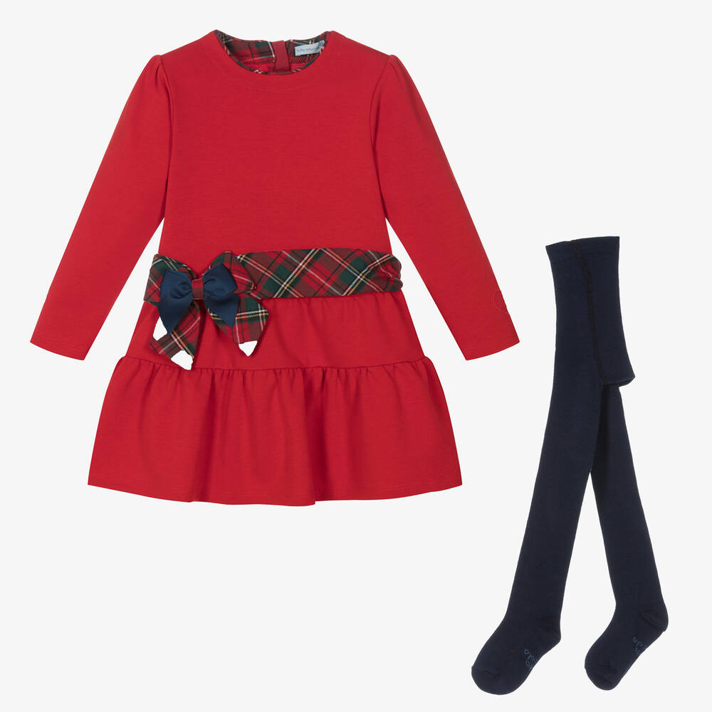 Tutto Piccolo - Красное хлопковое платье и синие колготки | Childrensalon