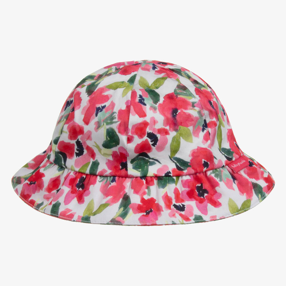 Tutto Piccolo - Girls White & Pink Floral Cotton Hat | Childrensalon