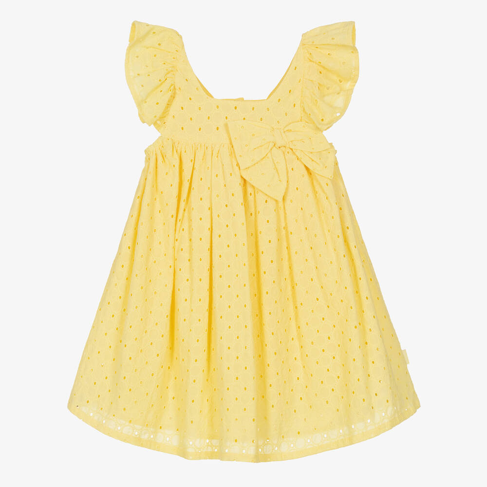 Tutto Piccolo - Girls Yellow Broderie Anglaise Cotton Dress | Childrensalon