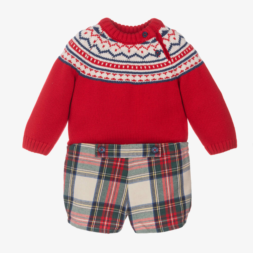 Tutto Piccolo - Ensemble Short Écossais & Pull Rouge en Coton | Childrensalon