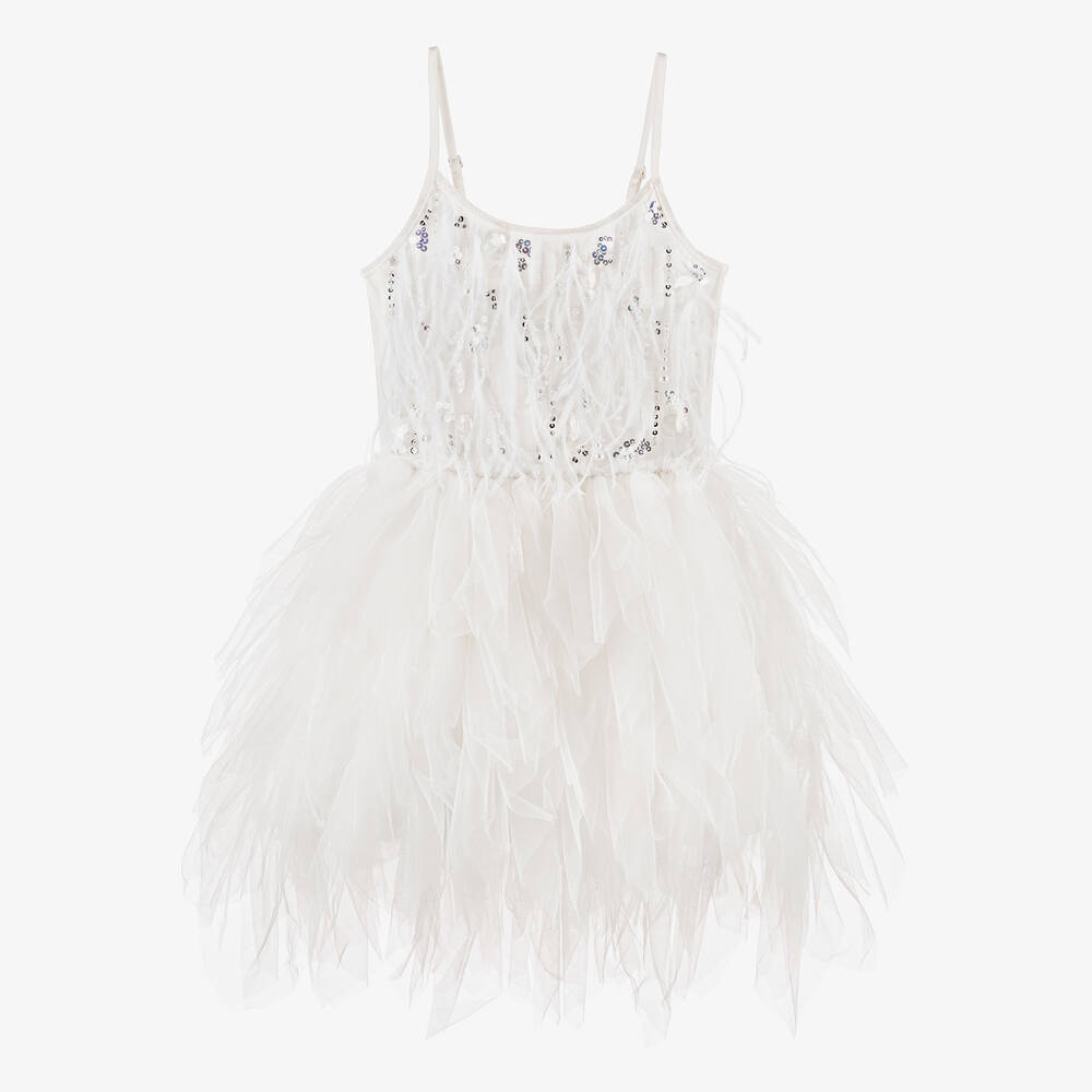 Tutu du Monde - Girls White Beads & Feathers Tulle Dress | Childrensalon