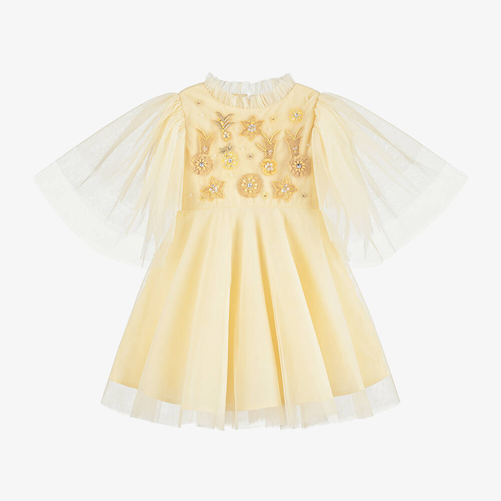 Tutu du Monde - Girls Yellow Embroidered Tulle Dress | Childrensalon