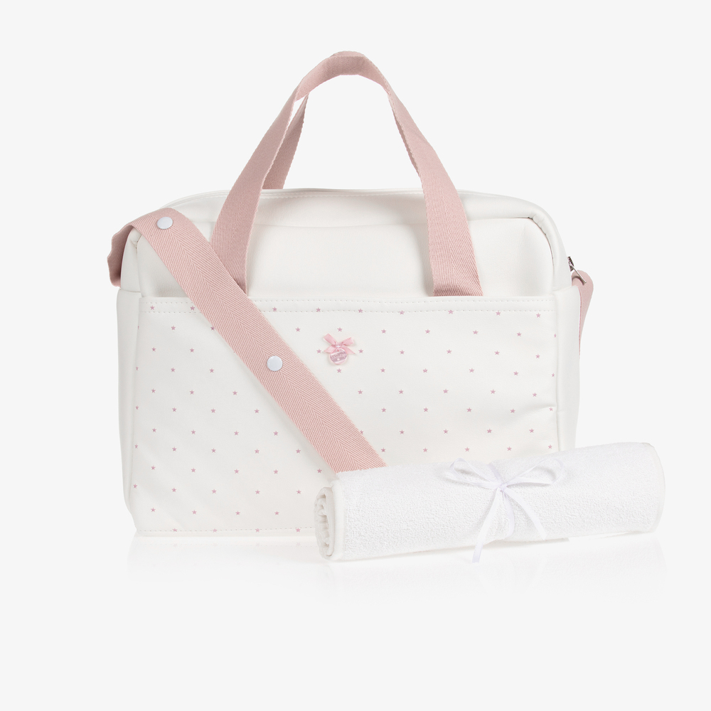 Uzturre - حقيبة لمستلزمات الأطفال جلد صناعي لون أبيض وزهري (38 سم) | Childrensalon