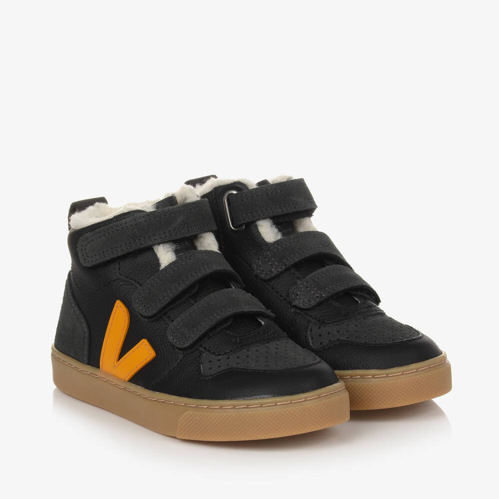 VEJA - Black & Yellow Leather V-10 Trainers | Childrensalon