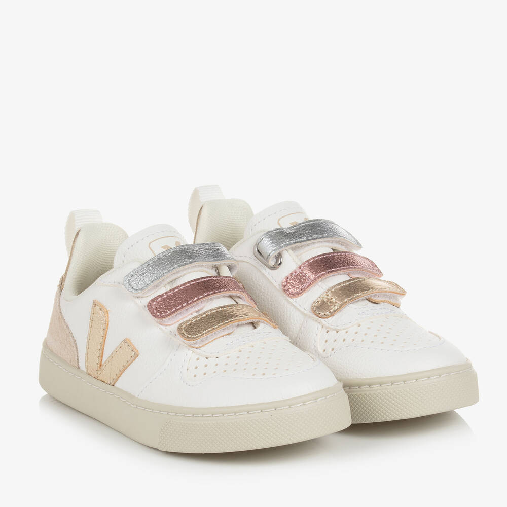 VEJA - Girls White & Metallic Gold Leather V-10 Trainers | Childrensalon