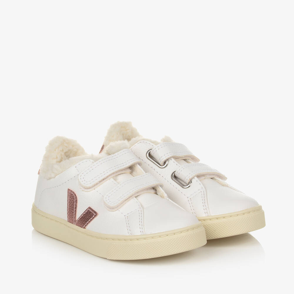 VEJA - Girls White & Pink Leather Esplar Trainers | Childrensalon