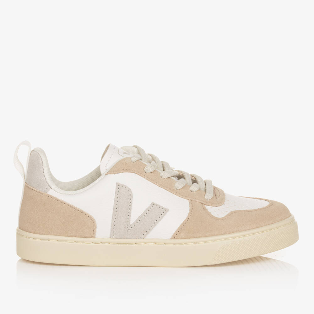 Veja Kids' V-10 Leather And Suede Trainers In Natural Almond