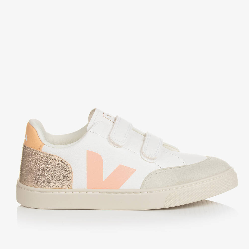 Shop Veja Teen Girls White & Pink V-12 Leather Trainers