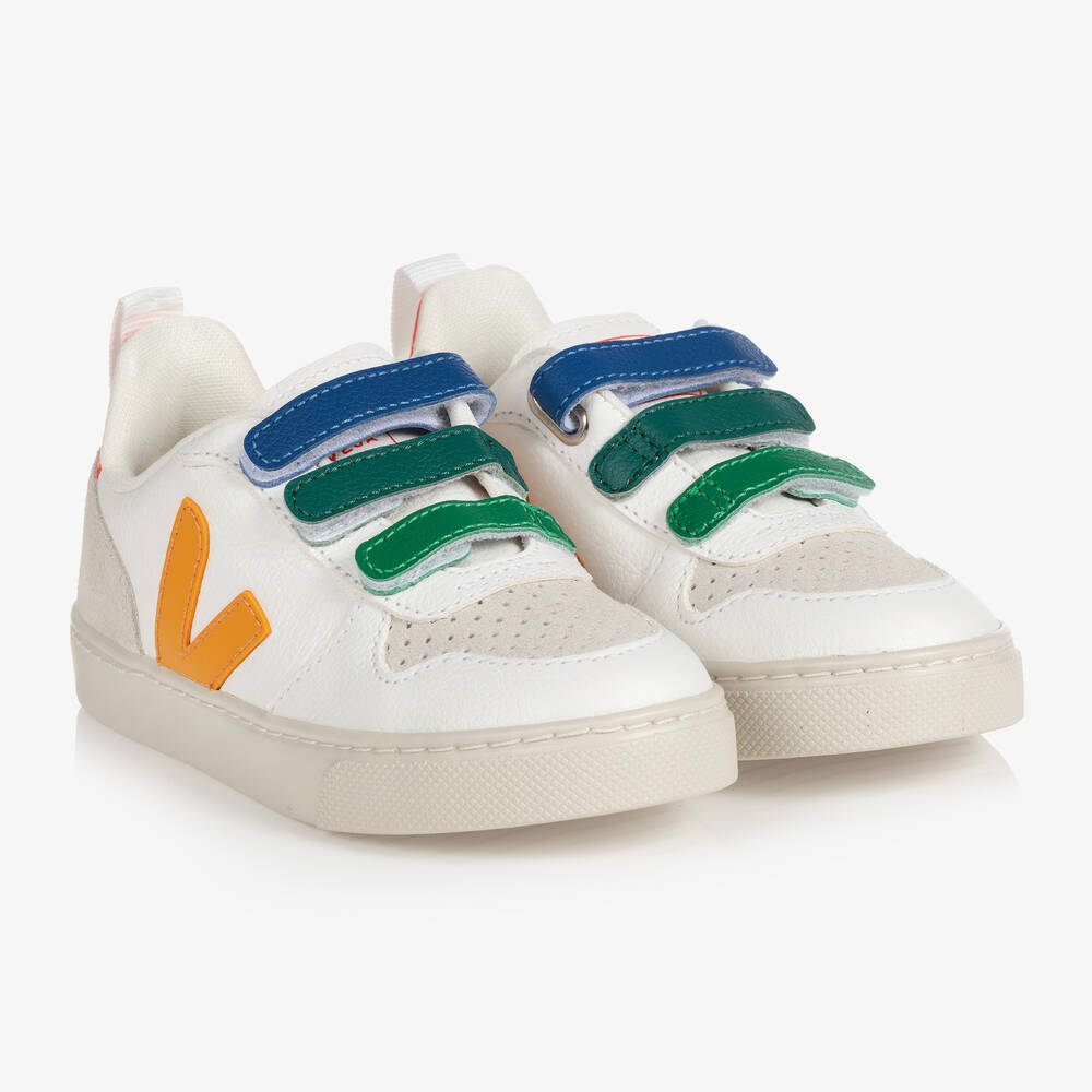 Shop Veja White & Yellow Leather V-10 Velcro Trainers