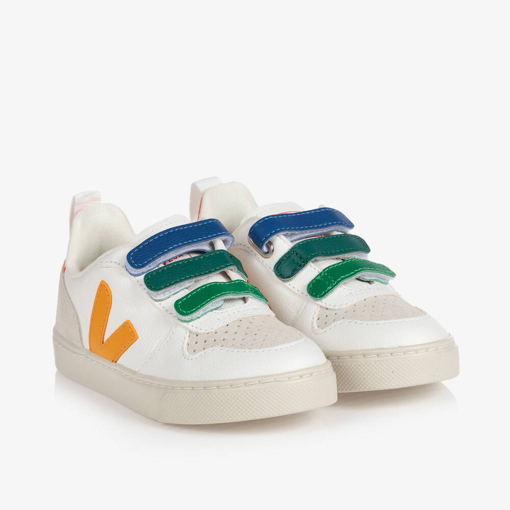 VEJA - حذاء رياضي بشريط لاصق V-10 جلد لون أبيض و أصفر | Childrensalon
