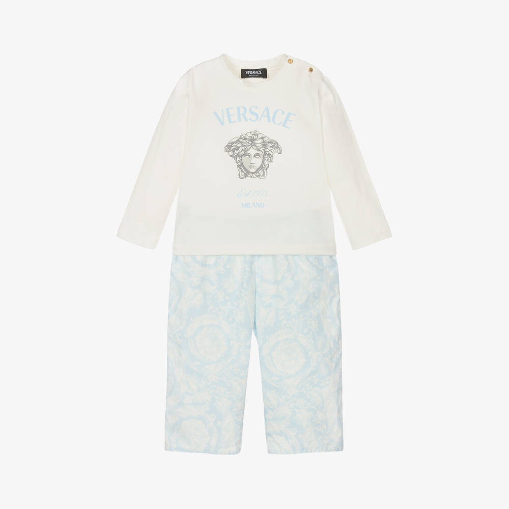 Shop Versace Baby Boys Blue Barocco Cotton Trouser Set