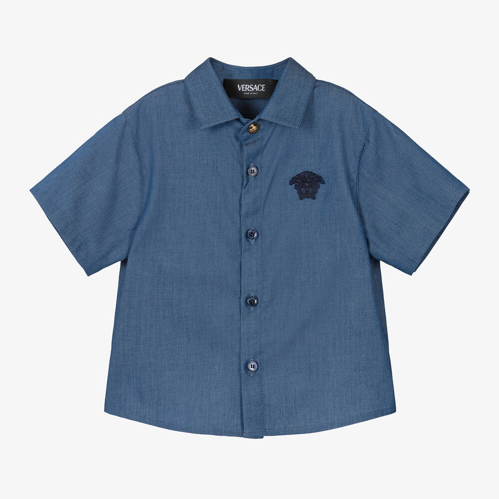 Versace Babies' Medusa Head Embroidered Shirt In Blue