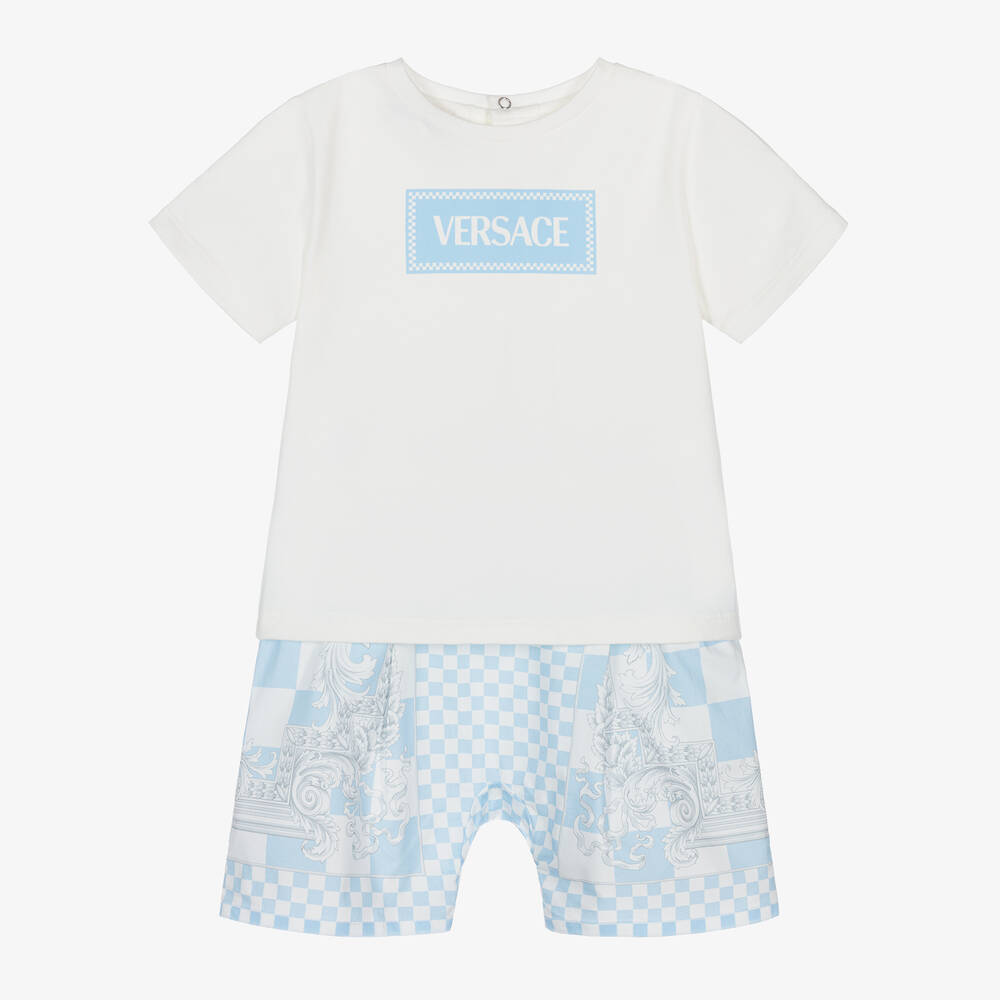 Versace - طقم شورت أطفال ولادي قطن لون أبيض وأزرق  | Childrensalon