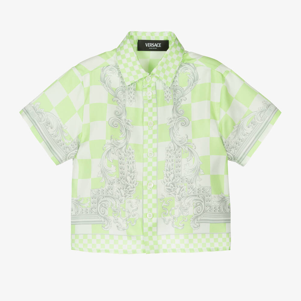 Versace - قميص أطفال ولادي بطبعة باروك حرير لون أخضر | Childrensalon