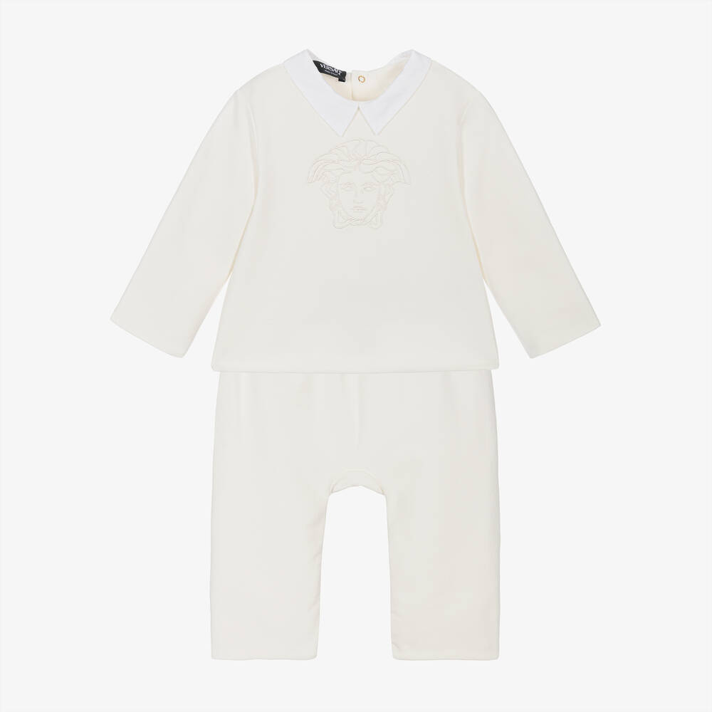 Versace -  طقم بنطلون بشعار ميدوسا قطن لون أبيض للمواليد | Childrensalon