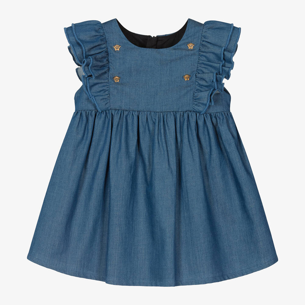 Versace - Синее платье из шамбре и трусики для малышек | Childrensalon