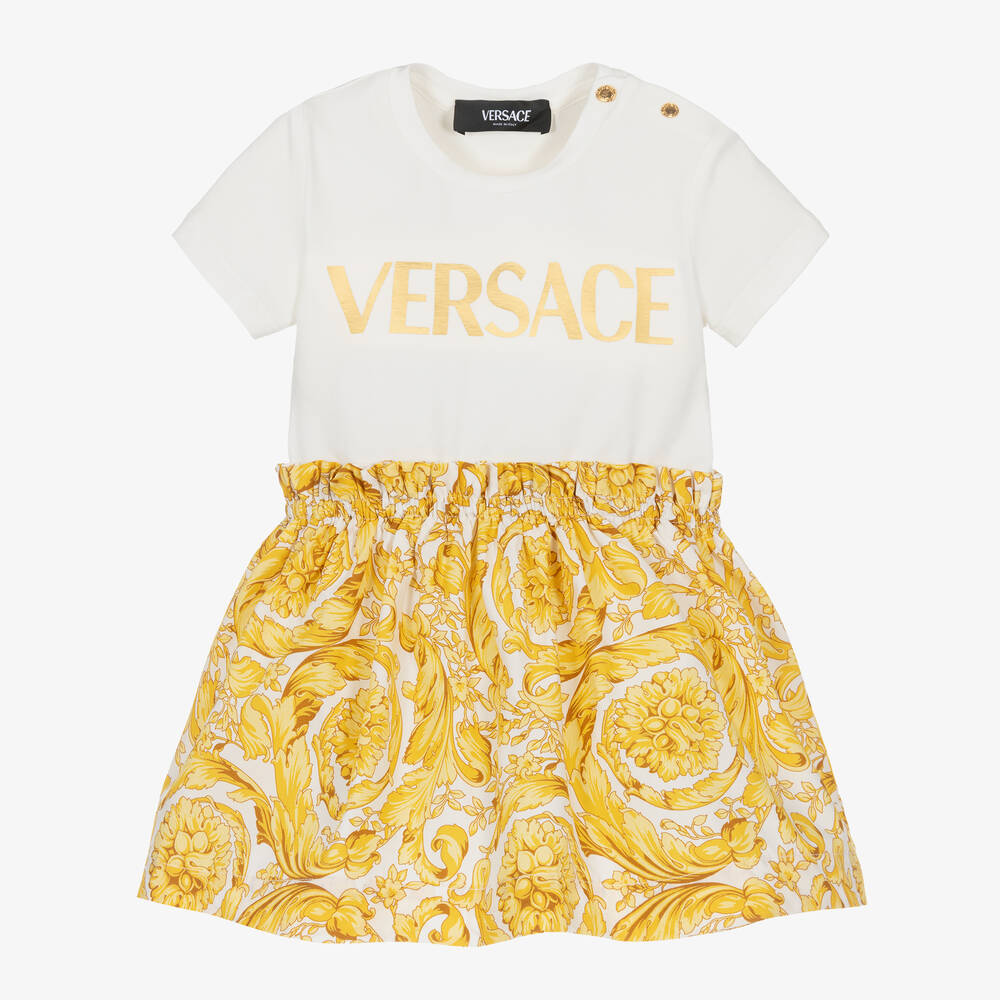 Versace - فستان قطن لون عاجي وذهبي بطبعة باروك | Childrensalon