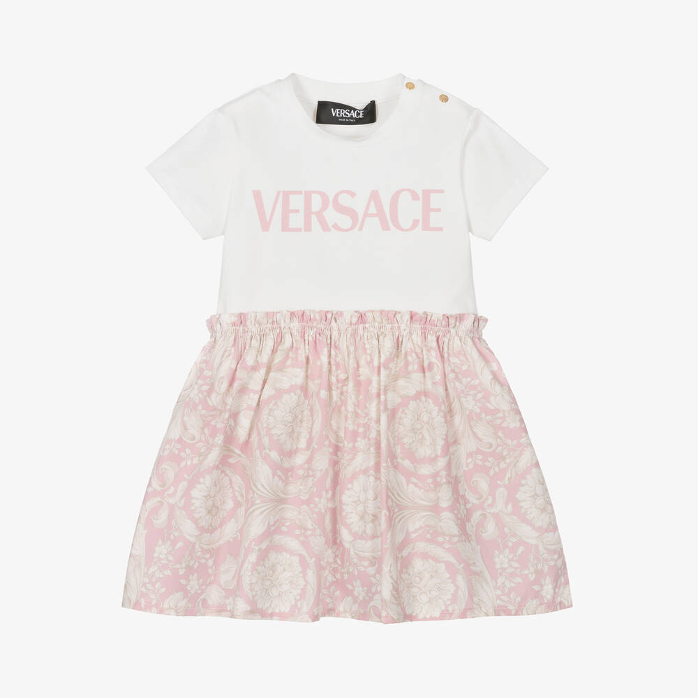 Versace -  فستان بطبعة الباروك قطن لون زهري وعاجي للمولودات | Childrensalon