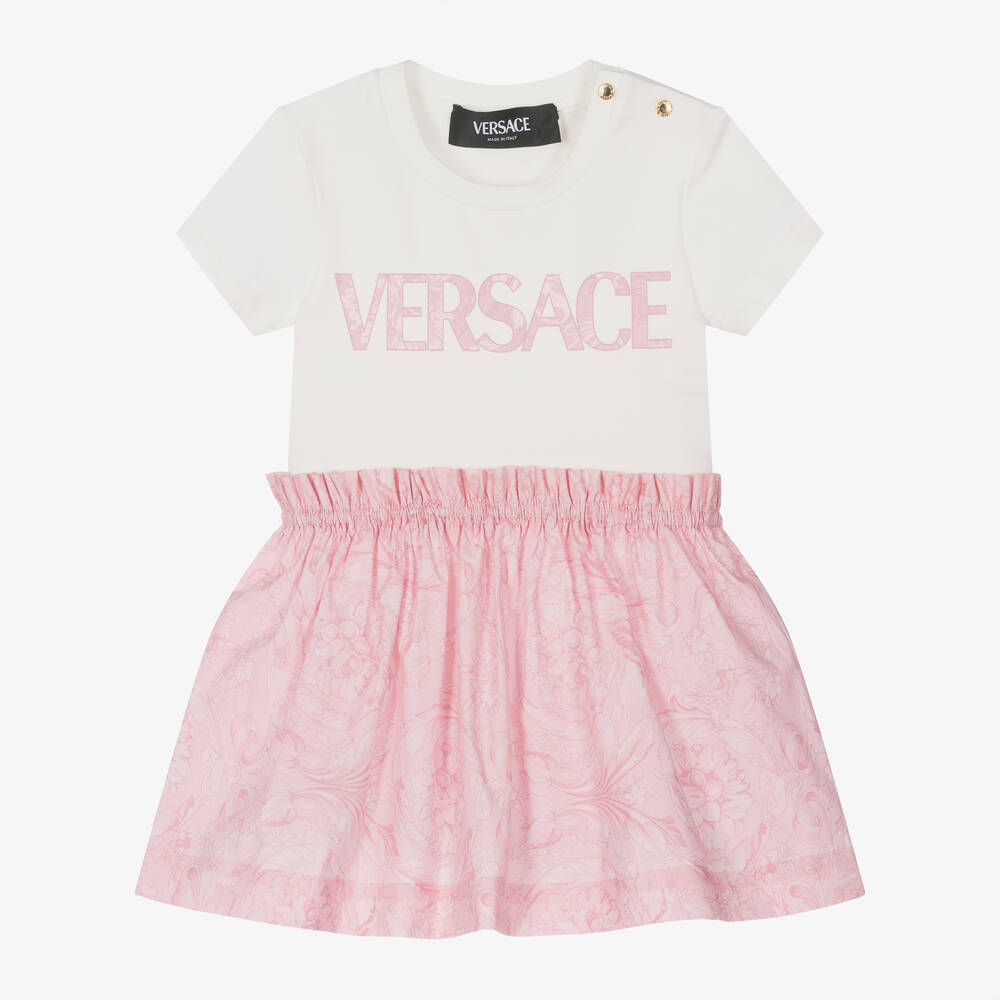 Versace - فستان بطبعة باروك قطن لون عاجي وزهري | Childrensalon