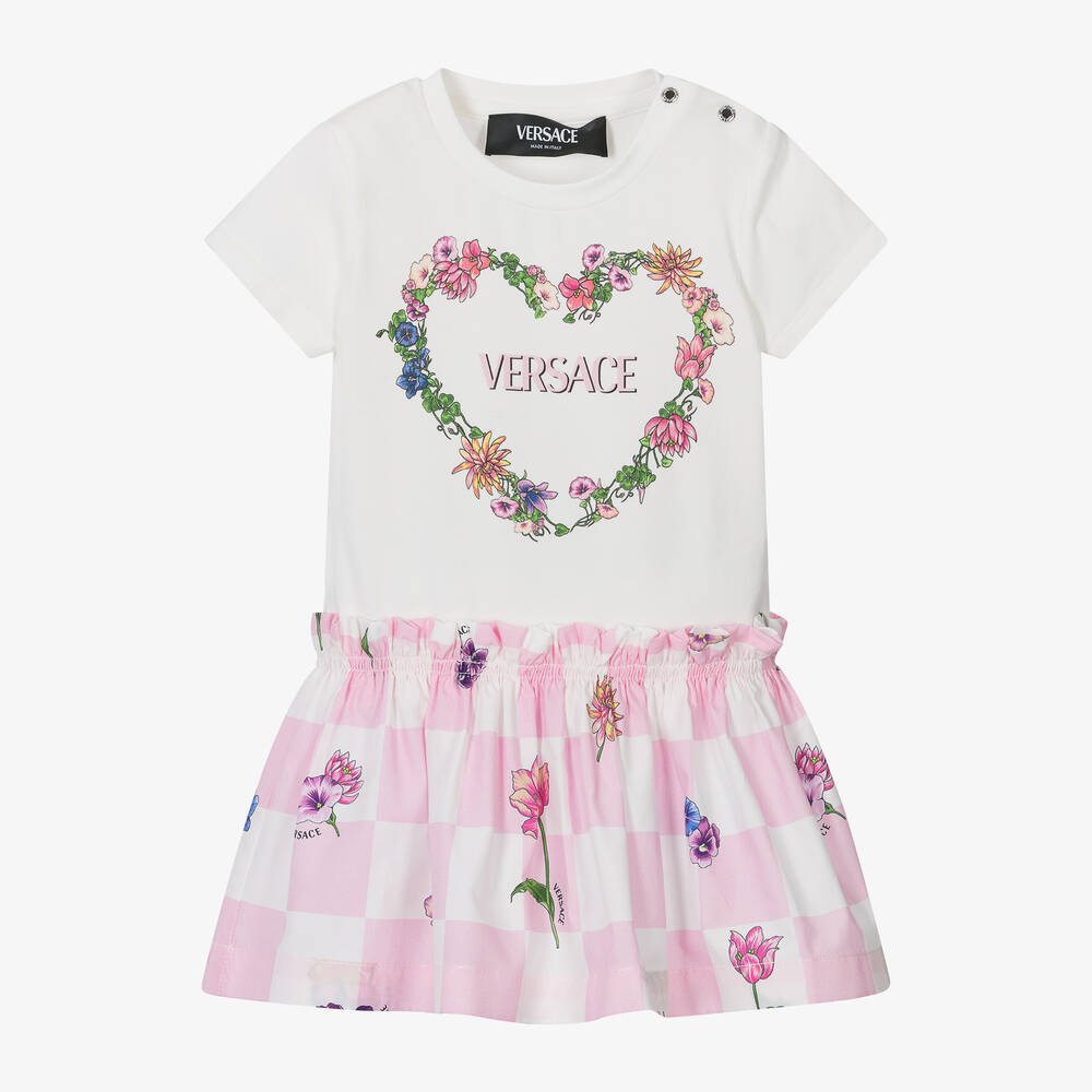 Versace - فستان أطفال بناتي قطن جيرسي لون زهري وعاجي | Childrensalon