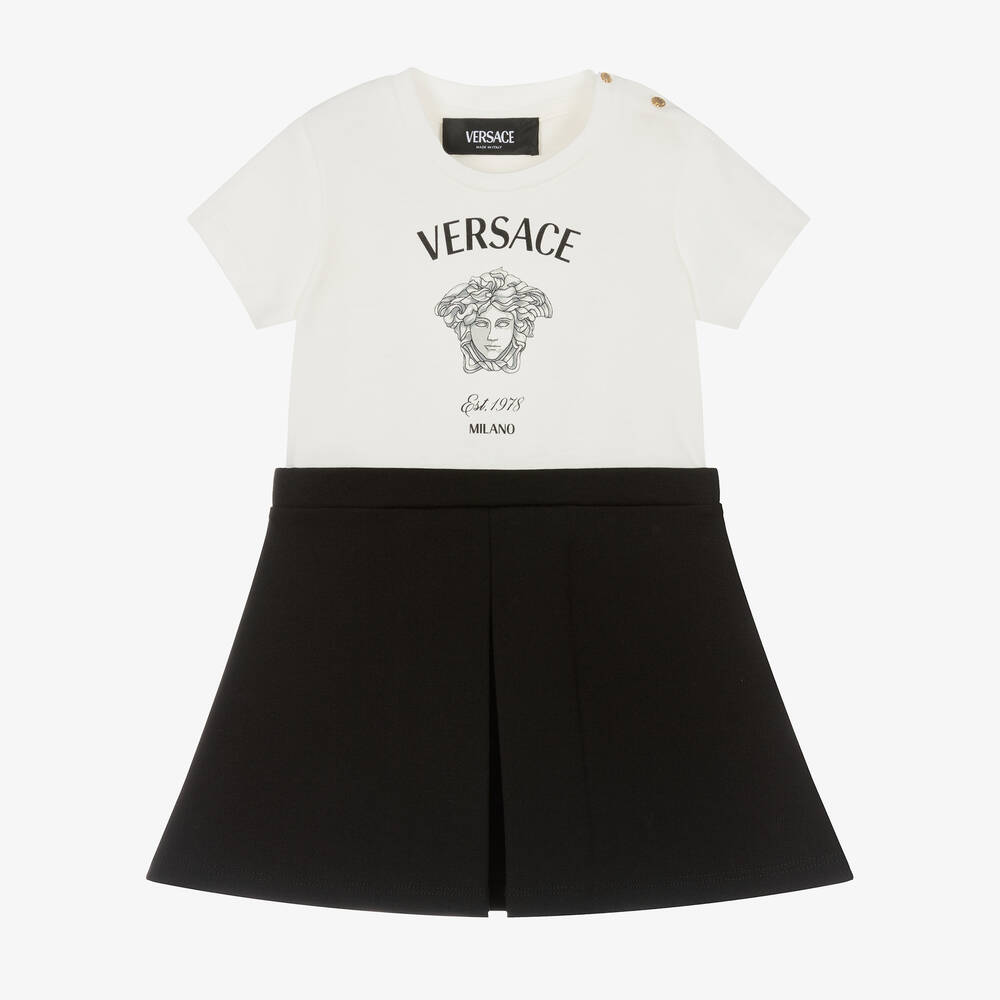 Versace - Baby Girls White & Black Medusa Logo Dress | Childrensalon
