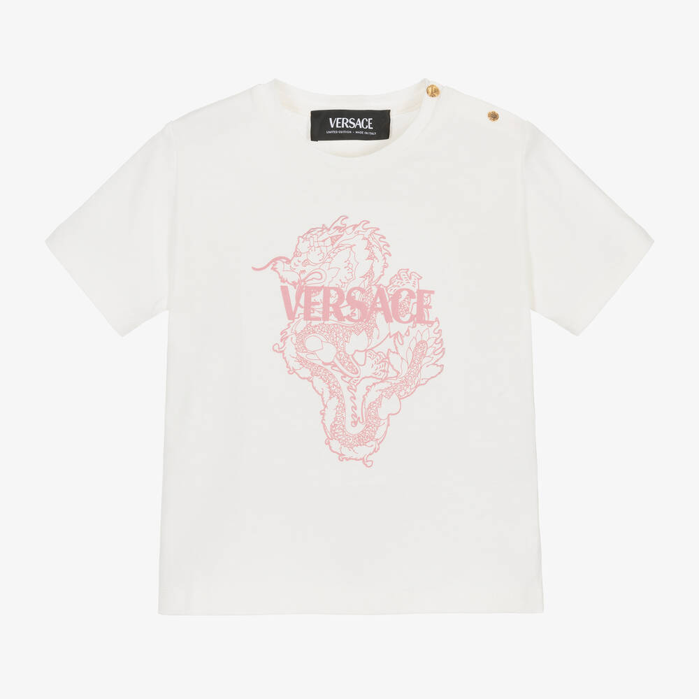Versace - T-shirt blanc et rose en coton dragon bébé | Childrensalon