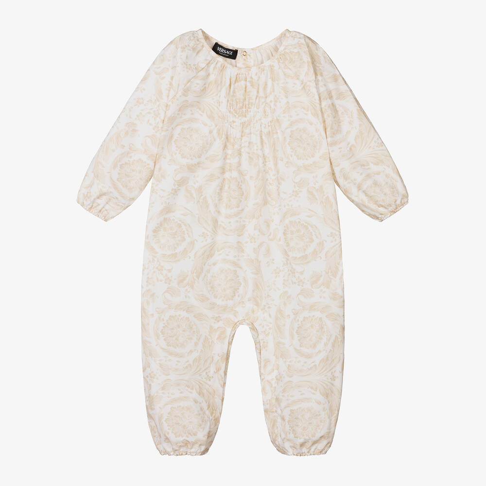 Versace - Beige Barocco Cotton Babysuit | Childrensalon