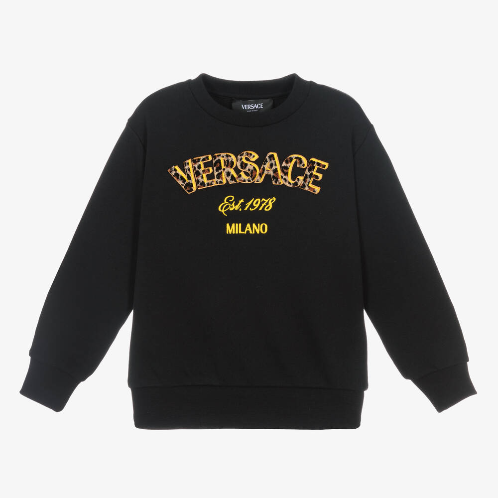 Versace - Black Cotton Leopard Print Logo Sweatshirt | Childrensalon