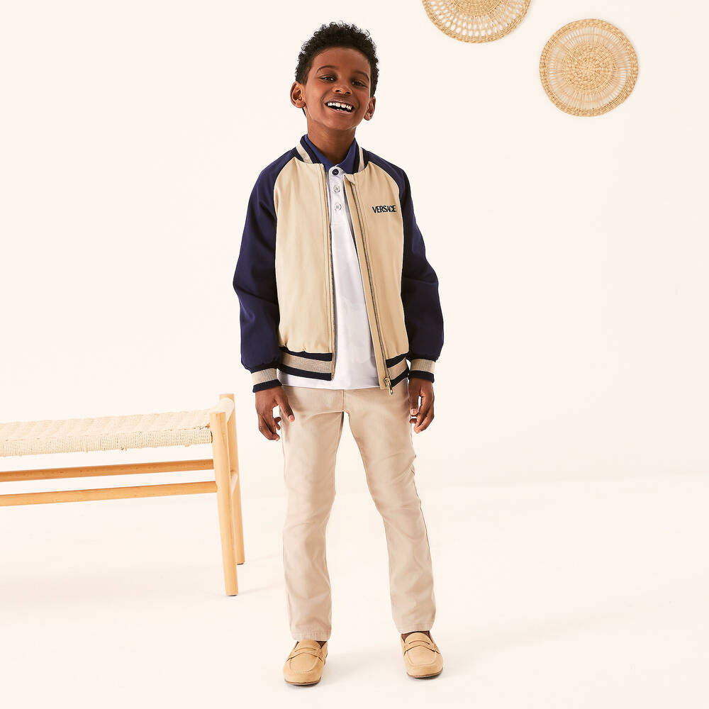 Versace-Boys Beige & Blue Cotton Bomber Jacket | Childrensalon