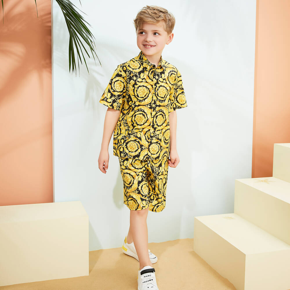 Versace-Черно-золотистая рубашка Barocco из хлопка для мальчиков | Childrensalon