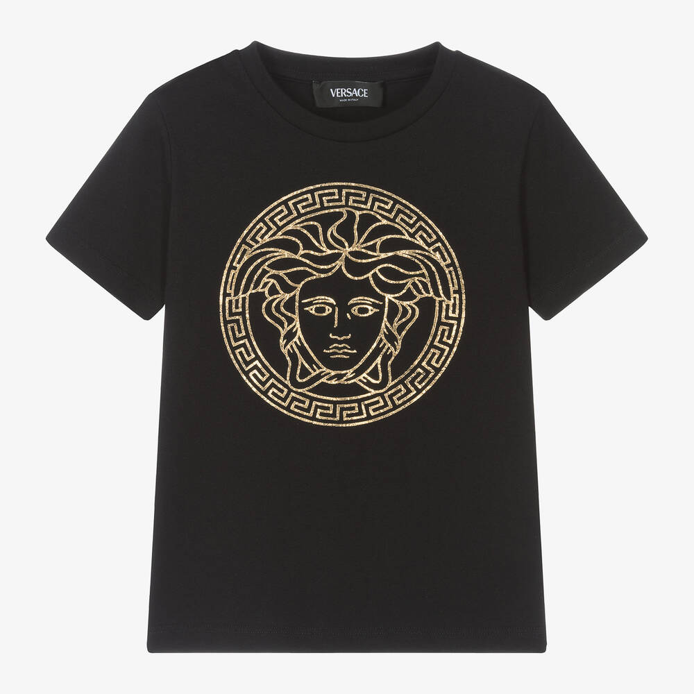 Versace - Черная хлопковая футболка с золотистым акцентом Medusa для мальчиков | Childrensalon