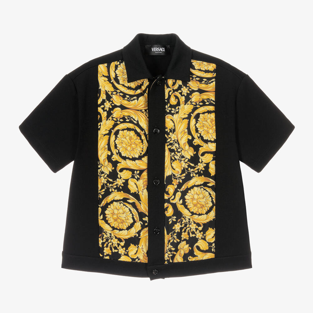 Versace -  تيشيرت بطبعة باروك حرير لون أسود وذهبي للأولاد | Childrensalon