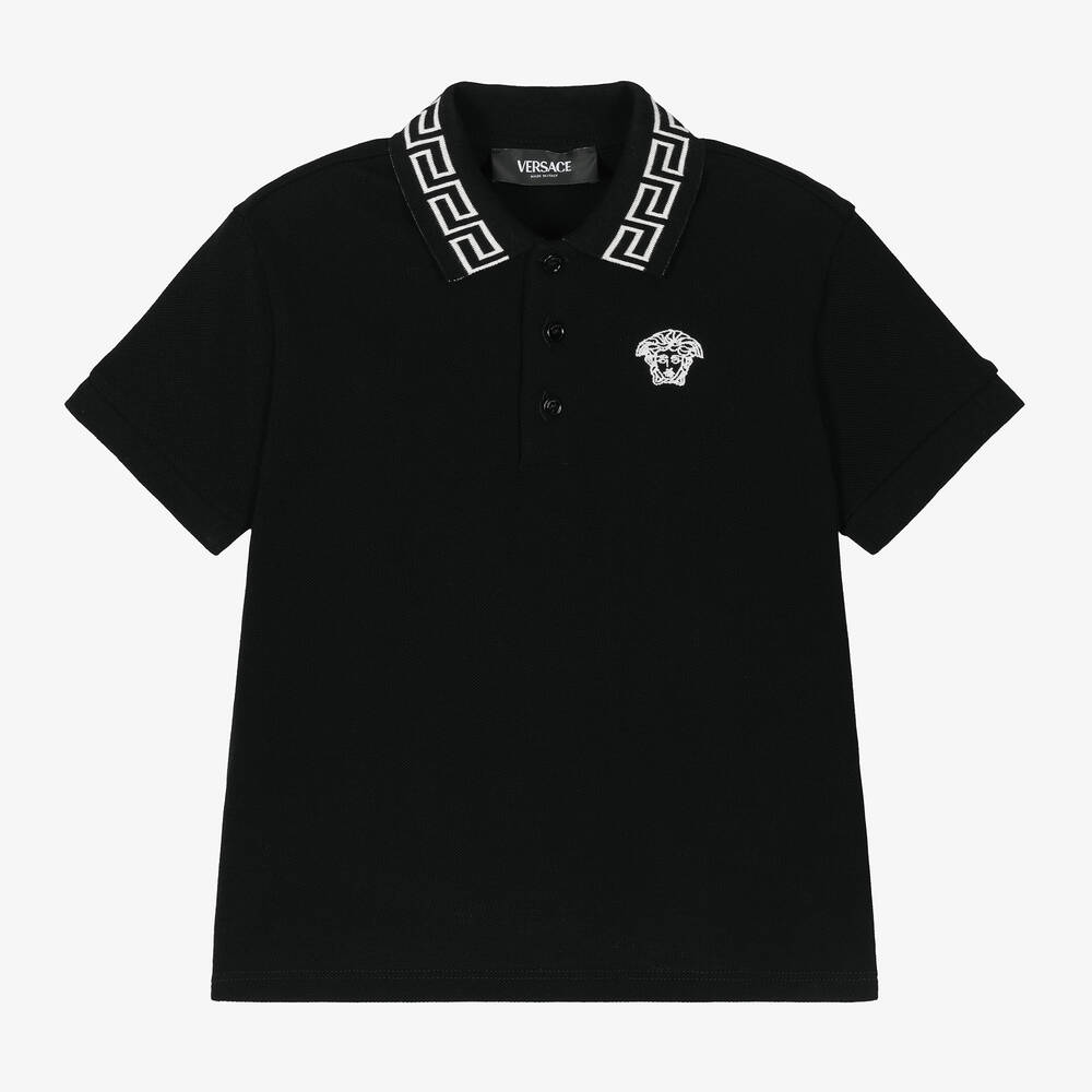 Versace - Boys Black Greca Cotton Polo Shirt | Childrensalon
