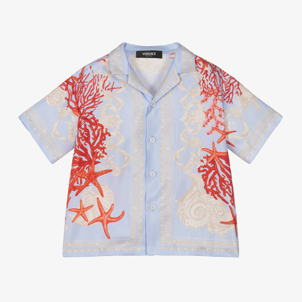 Shop Versace Boys Blue Barocco Sea Print Silk Shirt