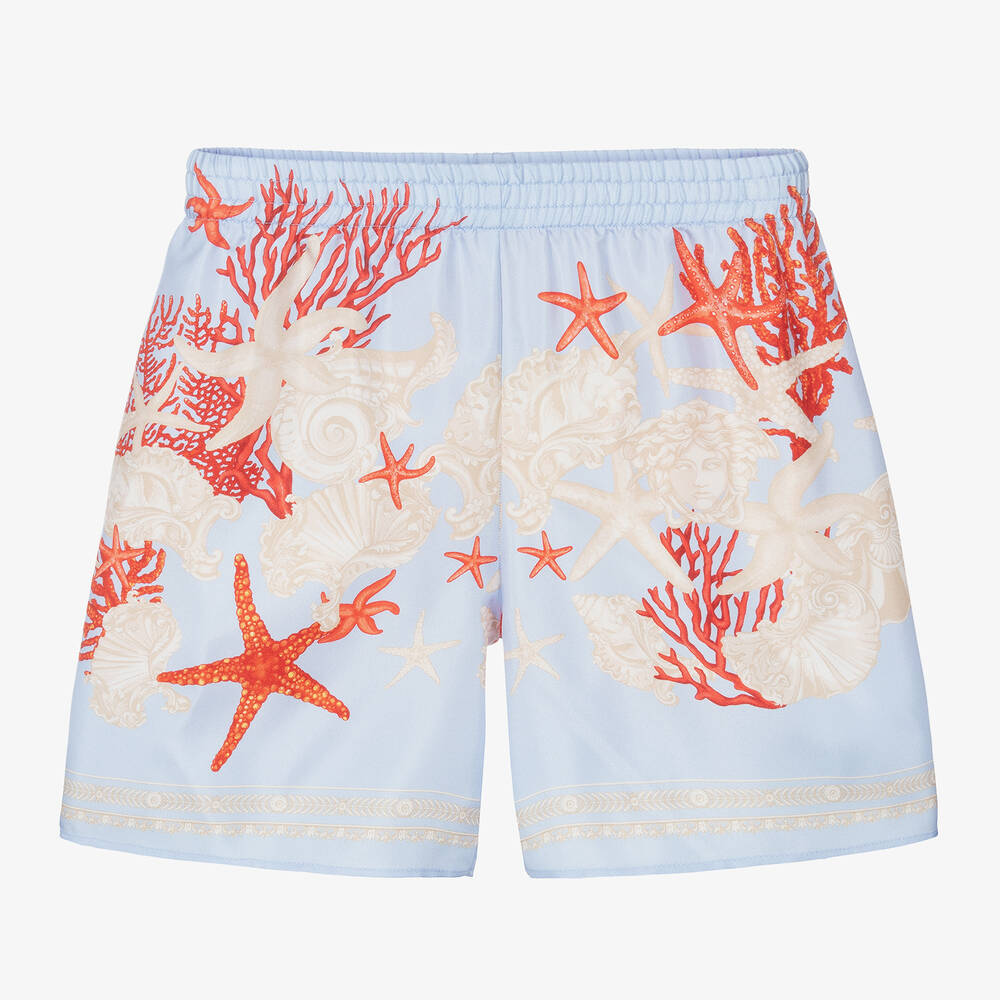 Shop Versace Boys Blue Barocco Sea Print Silk Shorts