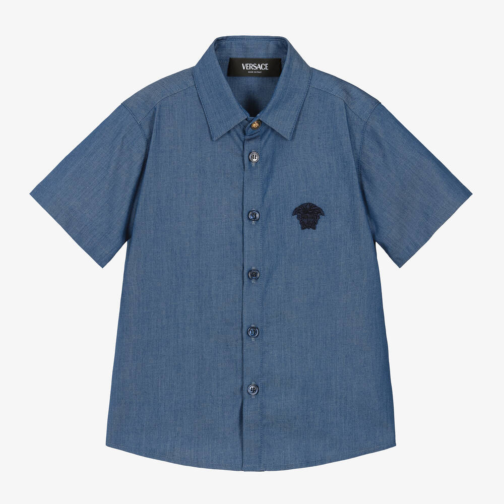 Versace - قميص قطن شامبري لون أزرق للأولاد | Childrensalon