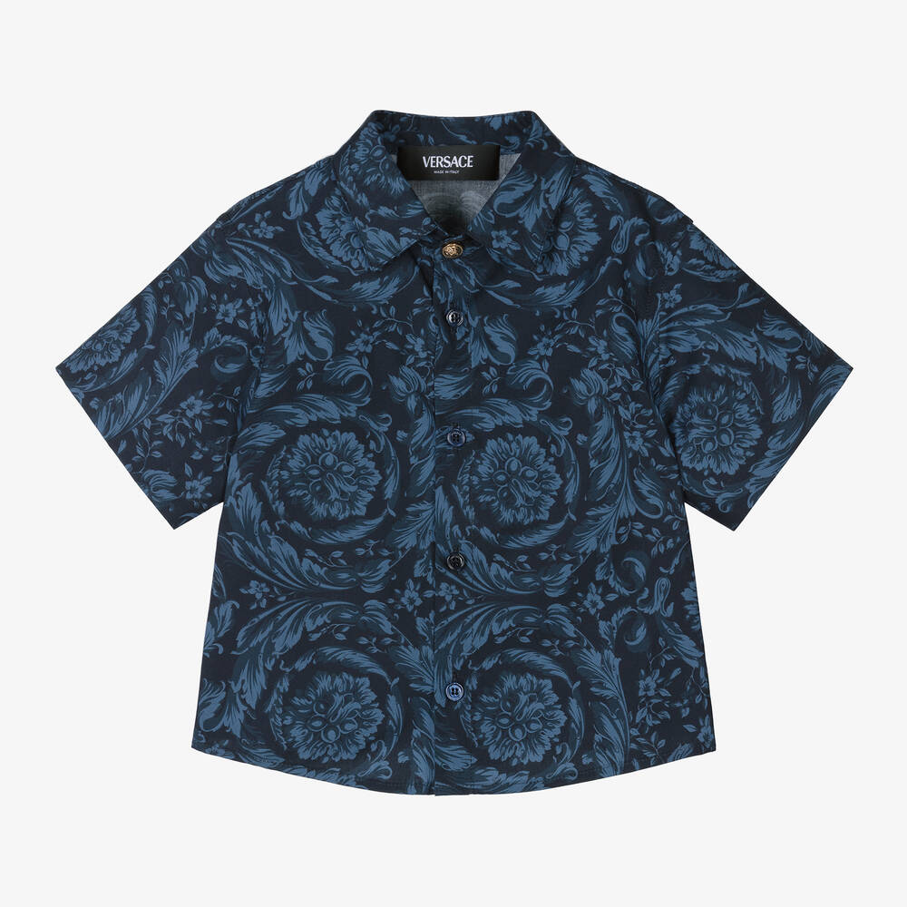 Shop Versace Boys Blue Cotton Barocco Shirt