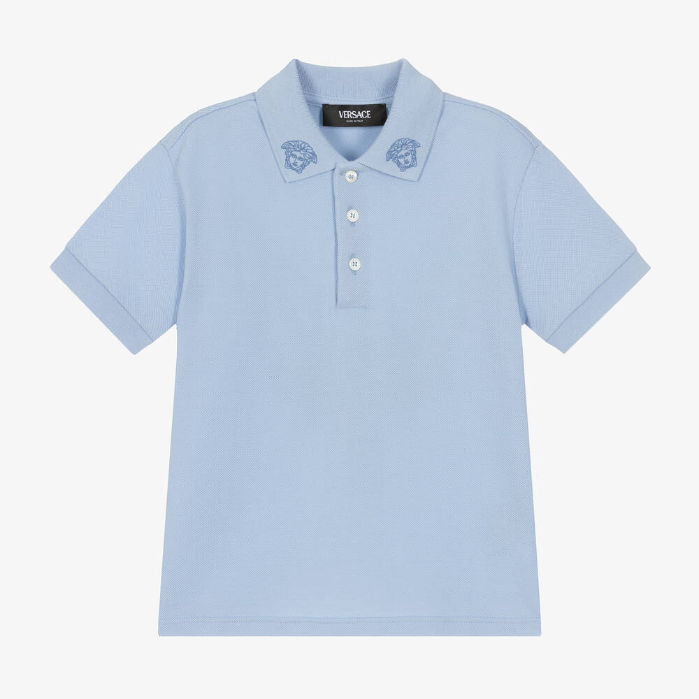 Shop Versace Boys Blue Cotton Polo Shirt