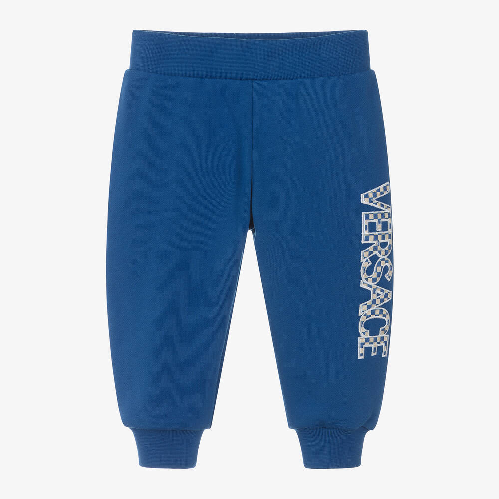 Shop Versace Boys Blue Embroidered Cotton Joggers