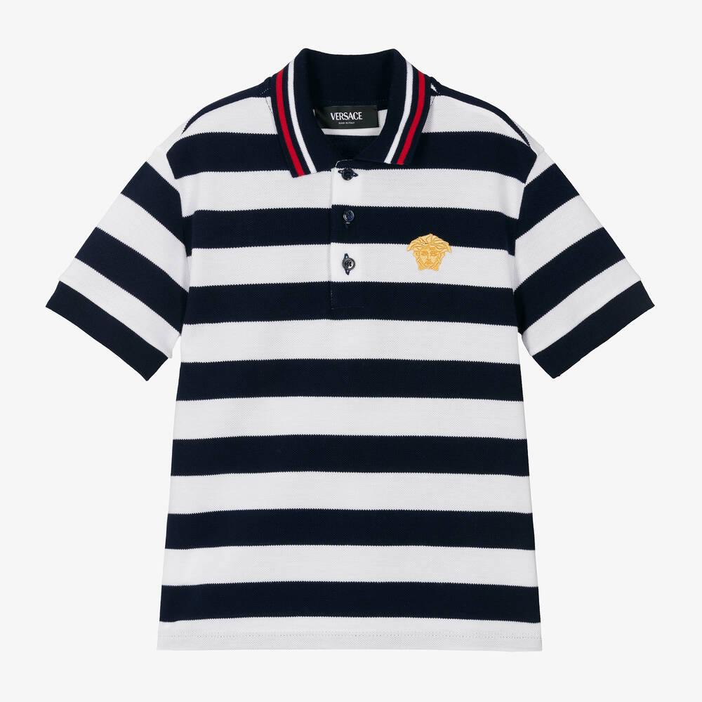 Versace - Boys Blue Stripe Cotton Polo Shirt | Childrensalon