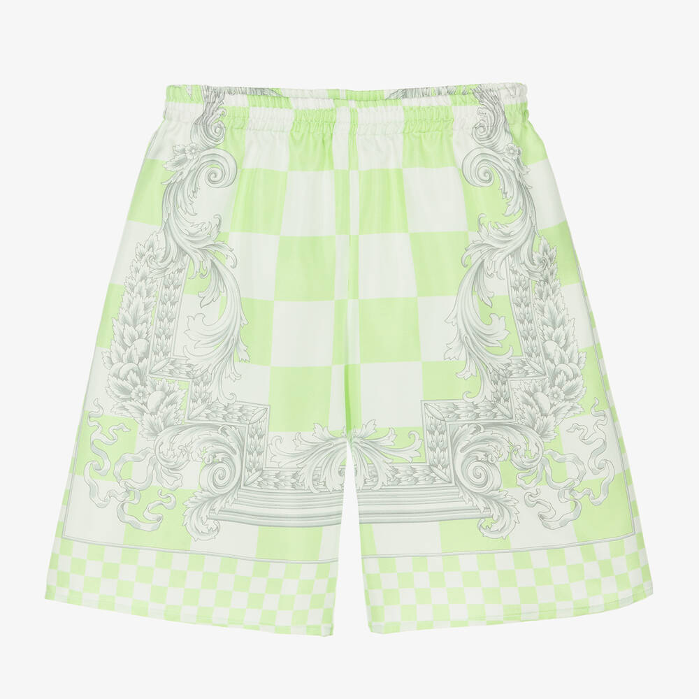 Shop Versace Boys Green Barocco Silk Shorts