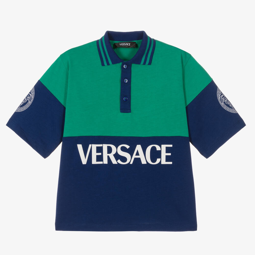 Versace - تيشيرت بولو قطن لون أخضر وأزرق للأولاد | Childrensalon